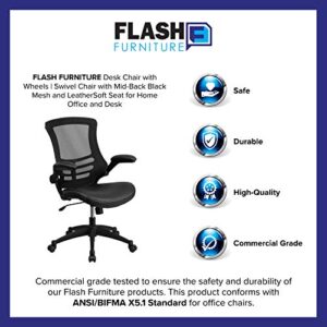 Flash Furniture Kelista Desk Chair with Wheels | Swivel Chair with Mid-Back Black Mesh and LeatherSoft Seat for Home Office and Desk