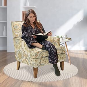 Vaztrlus Accent Chairs Living Room Floral Print Fabric Club Chair Tufted Wingback Chair Reading Arm Reading Chairs for Bedroom Comfy(Beige Yellow)