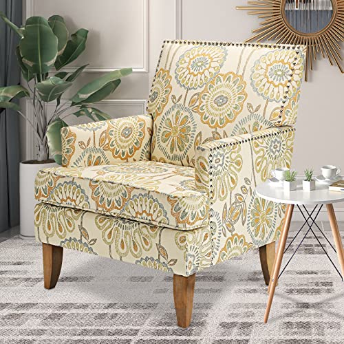 Vaztrlus Accent Chairs Living Room Floral Print Fabric Club Chair Tufted Wingback Chair Reading Arm Reading Chairs for Bedroom Comfy(Beige Yellow)