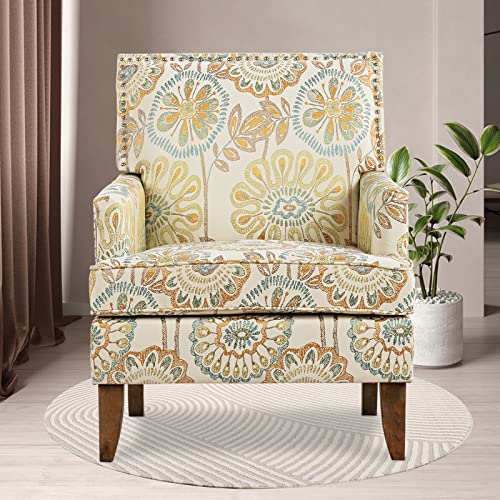 Vaztrlus Accent Chairs Living Room Floral Print Fabric Club Chair Tufted Wingback Chair Reading Arm Reading Chairs for Bedroom Comfy(Beige Yellow)