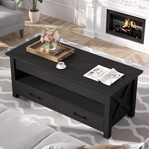 Seventable Coffee Table, 47.2" Lift Top Coffee Table with 2 Storage Drawers and Hidden Compartment, X Wood Farmhouse Support, Retro Center Table with Wooden Lift Tabletop, for Living Room,Black