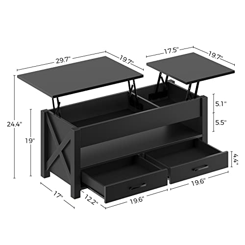 Seventable Coffee Table, 47.2" Lift Top Coffee Table with 2 Storage Drawers and Hidden Compartment, X Wood Farmhouse Support, Retro Center Table with Wooden Lift Tabletop, for Living Room,Black