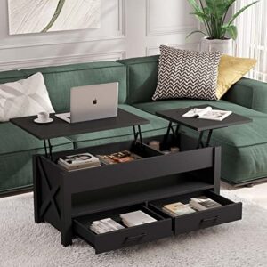 Seventable Coffee Table, 47.2" Lift Top Coffee Table with 2 Storage Drawers and Hidden Compartment, X Wood Farmhouse Support, Retro Center Table with Wooden Lift Tabletop, for Living Room,Black