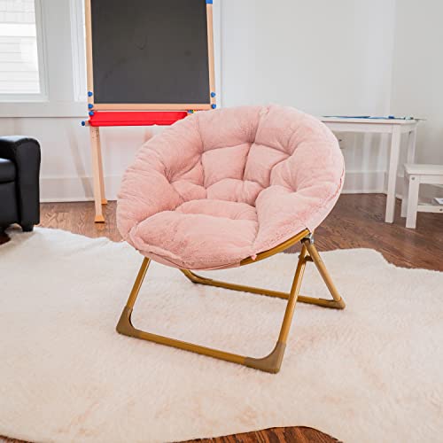 Flash Furniture Gwen Oversize Folding Saucer Chair - Blush Faux Fur Moon Chair - Soft Gold Metal Frame - 23" Portable Folding Chair - For Dorm and Bedroom