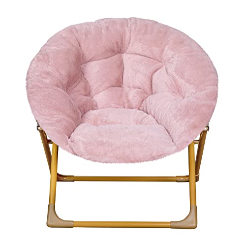 Flash Furniture Gwen Oversize Folding Saucer Chair - Blush Faux Fur Moon Chair - Soft Gold Metal Frame - 23" Portable Folding Chair - For Dorm and Bedroom