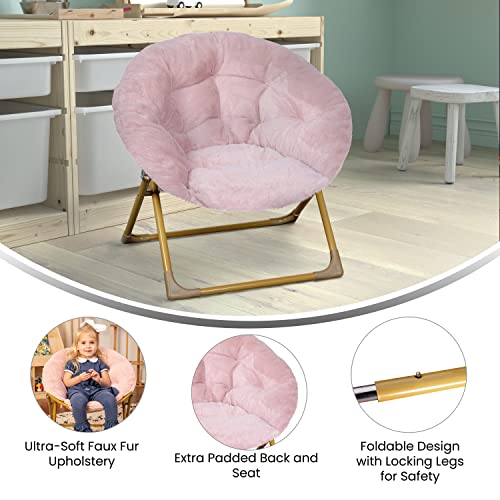 Flash Furniture Gwen Oversize Folding Saucer Chair - Blush Faux Fur Moon Chair - Soft Gold Metal Frame - 23" Portable Folding Chair - For Dorm and Bedroom