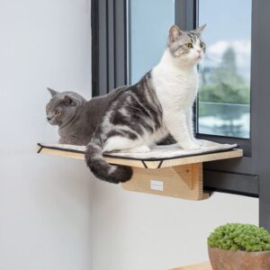 Cat Window Perch, Fit for 2 Cats, Natural Wood with Removable Fleece Mat Space Saving Cat Window Seat for Cats