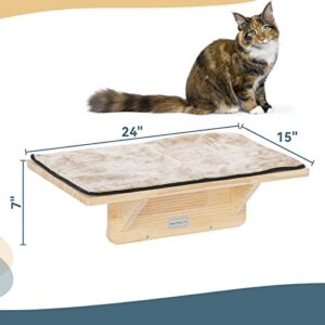 Cat Window Perch, Fit for 2 Cats, Natural Wood with Removable Fleece Mat Space Saving Cat Window Seat for Cats