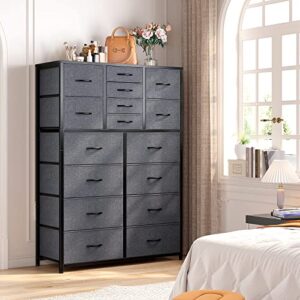 enhomee 16 drawer dresser, tall dresser for bedroom with wooden top and sturdy metal frame, large bedroom dressers & chest of drawers for bedroom closet living room entry,57.1″hx 37.4″w x 11.8″d,grey