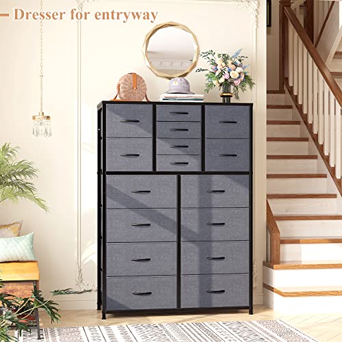 EnHomee 16 Drawer Dresser, Tall Dresser for Bedroom with Wooden Top and Sturdy Metal Frame, Large Bedroom Dressers & Chest of Drawers for Bedroom Closet Living Room Entry,57.1"Hx 37.4"W x 11.8"D,Grey