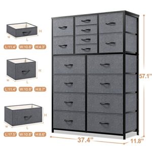 EnHomee 16 Drawer Dresser, Tall Dresser for Bedroom with Wooden Top and Sturdy Metal Frame, Large Bedroom Dressers & Chest of Drawers for Bedroom Closet Living Room Entry,57.1"Hx 37.4"W x 11.8"D,Grey