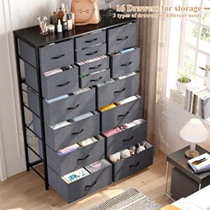 EnHomee 16 Drawer Dresser, Tall Dresser for Bedroom with Wooden Top and Sturdy Metal Frame, Large Bedroom Dressers & Chest of Drawers for Bedroom Closet Living Room Entry,57.1"Hx 37.4"W x 11.8"D,Grey