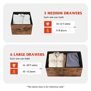 WLIVE Fabric Dresser for Bedroom with 9 Drawers, Tall Chest of Drawers, Storage Tower, Organizer Unit with Fabric Bin, Steel Frame, Wood Top for Nursery, Closets, Rustic Brown Wood Grain Print