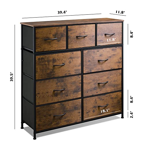 WLIVE Fabric Dresser for Bedroom with 9 Drawers, Tall Chest of Drawers, Storage Tower, Organizer Unit with Fabric Bin, Steel Frame, Wood Top for Nursery, Closets, Rustic Brown Wood Grain Print