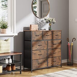 WLIVE Fabric Dresser for Bedroom with 9 Drawers, Tall Chest of Drawers, Storage Tower, Organizer Unit with Fabric Bin, Steel Frame, Wood Top for Nursery, Closets, Rustic Brown Wood Grain Print