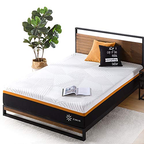 ZINUS 12 Inch Cooling Copper Adaptive Pocket Spring Hybrid Mattress, Queen & Suzanne 37 Inch Metal and Wood Platform Bed Frame/No Box Spring Needed, Chestnut Brown, Queen