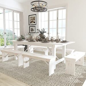 flash furniture hercules series 8′ x 40″ antique rustic white folding farm table and six bench set