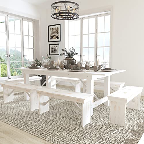 Flash Furniture HERCULES Series 8' x 40" Antique Rustic White Folding Farm Table and Six Bench Set