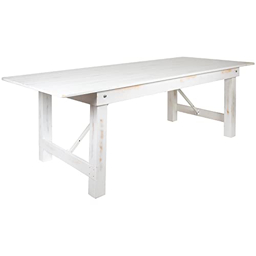 Flash Furniture HERCULES Series 8' x 40" Antique Rustic White Folding Farm Table and Six Bench Set