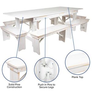 Flash Furniture HERCULES Series 8' x 40" Antique Rustic White Folding Farm Table and Six Bench Set