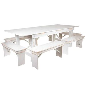 Flash Furniture HERCULES Series 8' x 40" Antique Rustic White Folding Farm Table and Six Bench Set