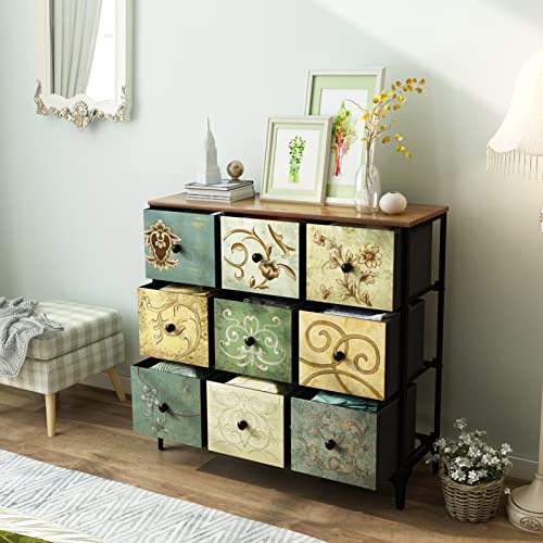 AOPSEN Dresser with 9 Drawers, Tall Storage Dresser for Bedroom, Modern Chest of Drawers for Closet, Living Room, Nursery, Wood Top, Fabric Drawers (Rustic Brown)