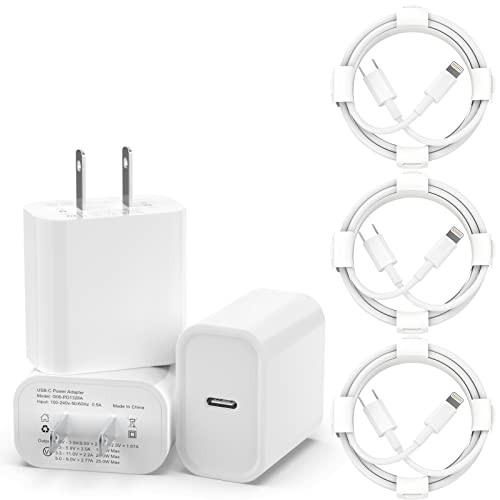 3 Pack iPhone Fast Charger [Apple MFi Certified], 20W PD USB C Wall Charger Adapter with 3 Pack 6FT Type C to Lightning Cable Compatible with iPhone 14/13/13 Pro/12/12 Mini/Pro/Pro Max and More-White