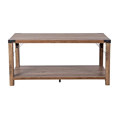 Flash Furniture Wyatt Modern Farmhouse Wooden 2 Tier Coffee Table with Metal Corner Accents and Cross Bracing, Set of 1, Rustic Oak