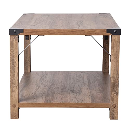 Flash Furniture Wyatt Modern Farmhouse Wooden 2 Tier Coffee Table with Metal Corner Accents and Cross Bracing, Set of 1, Rustic Oak