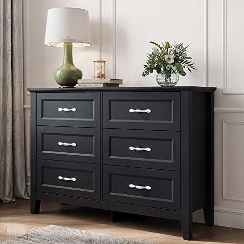 LINSY HOME Dresser for Bedroom, 6 Drawer Dresser with Metal Handles, Black Chest of Drawers for Living Room, Entryway and Hallway