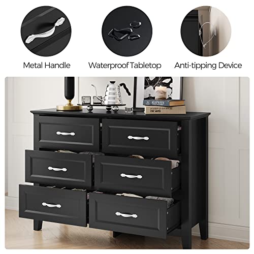 LINSY HOME Dresser for Bedroom, 6 Drawer Dresser with Metal Handles, Black Chest of Drawers for Living Room, Entryway and Hallway