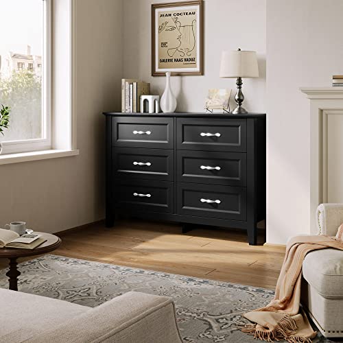 LINSY HOME Dresser for Bedroom, 6 Drawer Dresser with Metal Handles, Black Chest of Drawers for Living Room, Entryway and Hallway