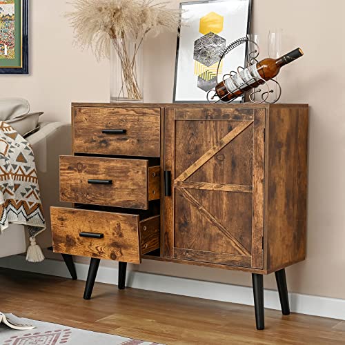 WEENFON Storage Cabinet with 3 Drawers & Barn Door, Mid Century Floor Cabinet with Adjustable Shelf, Buffet Cabinet, Wooden Accent Cabinet for Living Room, Bedroom, Dining Room, Rustic Brown