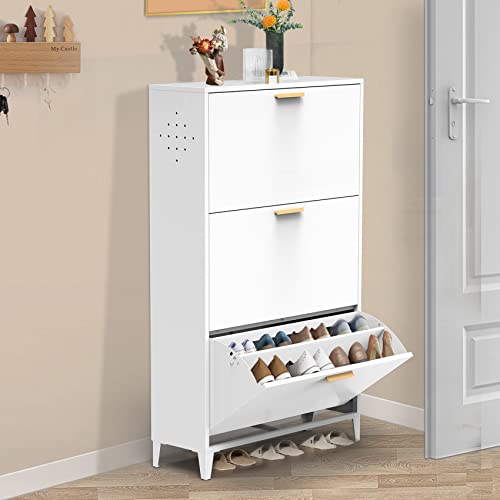 ACLULION Tipping Bucket Shoe Cabinet with 3 Drawers, Wall Mounted Metal Shoe Cabinet with Adjustable Shelf, Modern White Free Standing Shoe Cabinet for Entryway, Hallway, Holds 20 Pair Shoes