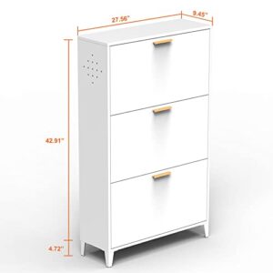 ACLULION Tipping Bucket Shoe Cabinet with 3 Drawers, Wall Mounted Metal Shoe Cabinet with Adjustable Shelf, Modern White Free Standing Shoe Cabinet for Entryway, Hallway, Holds 20 Pair Shoes