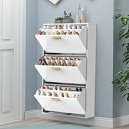 ACLULION Tipping Bucket Shoe Cabinet with 3 Drawers, Wall Mounted Metal Shoe Cabinet with Adjustable Shelf, Modern White Free Standing Shoe Cabinet for Entryway, Hallway, Holds 20 Pair Shoes