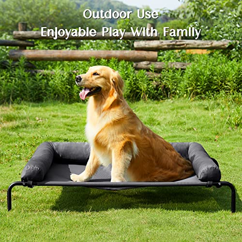 WESTERN HOME Elevated Dog Bed Cot, Chew Proof Raised Outdoor Dog Bed with Bolster for Extra Large Dogs, Portable Cooling Pet Cot with Breathable Mesh, Skid-Resistant Feet, Grey, 48.25 inches