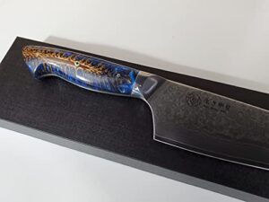 custom vg10 damascus chef knife hybrid santoku 9″ white silver cast pine cone handle, kitchen knife w/ 67 layer ss damascus (blue silver)
