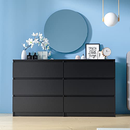 Cozy Castle 6 Drawer Dresser with Cutout Handle, Accent Chests of Drawers with Double Anti-Tilt Devices, Storage Dresser for Bedroom, Living Room, Office, Black