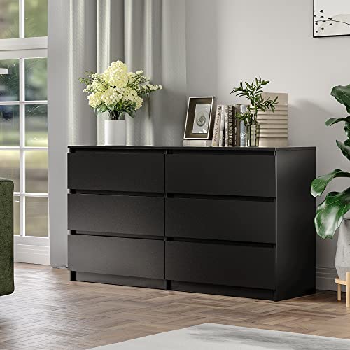 Cozy Castle 6 Drawer Dresser with Cutout Handle, Accent Chests of Drawers with Double Anti-Tilt Devices, Storage Dresser for Bedroom, Living Room, Office, Black