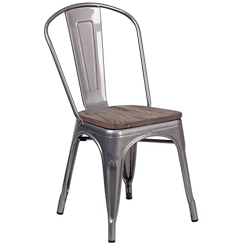 Flash Furniture Clear Coated Metal Stackable Chair with Wood Seat