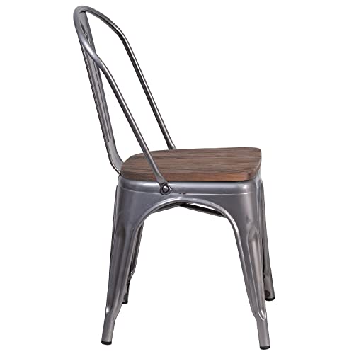 Flash Furniture Clear Coated Metal Stackable Chair with Wood Seat