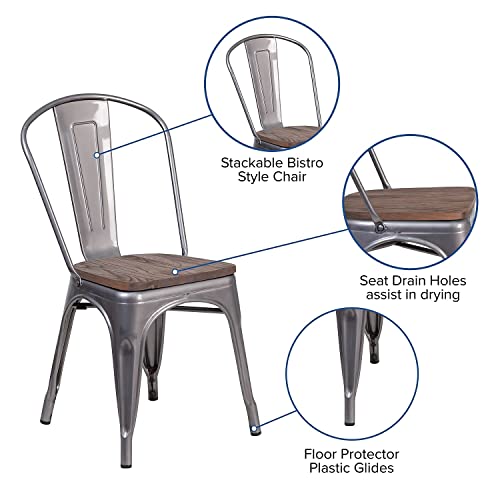 Flash Furniture Clear Coated Metal Stackable Chair with Wood Seat