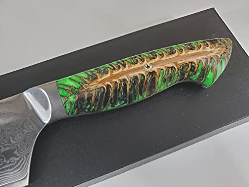 Custom VG10 Damascus chef knife Hybrid Santoku 9" White Silver cast pine cone handle, kitchen knife w/ 67 layer SS Damascus (Alien Green)