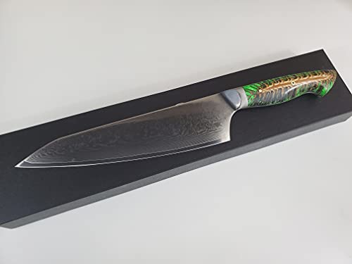 Custom VG10 Damascus chef knife Hybrid Santoku 9" White Silver cast pine cone handle, kitchen knife w/ 67 layer SS Damascus (Alien Green)