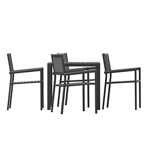 Flash Furniture Harris Commercial Set 4 Metal Chairs Backs and Seats-Square Table with Poly Resin Top, 5 Piece, Black
