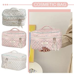Juoxeepy Cotton Makeup Bag Large Travel Cosmetic Bag Quilted Cosmetic Pouch Coquette Aesthetic Floral Toiletry Bag