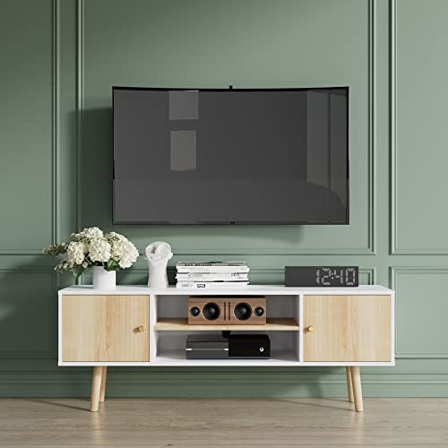 Cozy Castle Oak Small TV Stand for 50 inch TV, Modern Entertainment Center with Large Storage, Free Standing Television Sands, TV Media Console Tables for Living Room Bedroom and Office