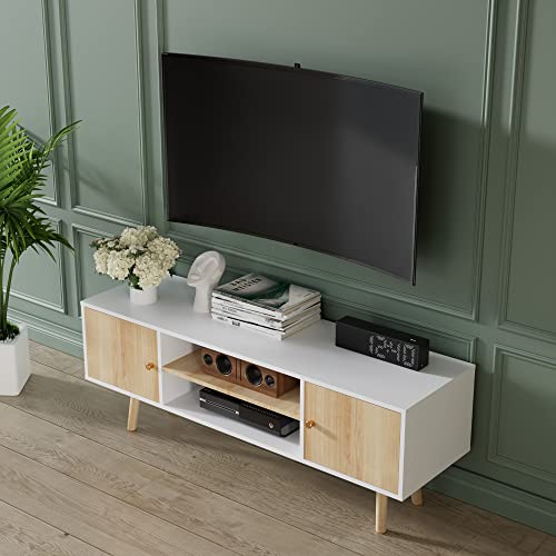 Cozy Castle Oak Small TV Stand for 50 inch TV, Modern Entertainment Center with Large Storage, Free Standing Television Sands, TV Media Console Tables for Living Room Bedroom and Office