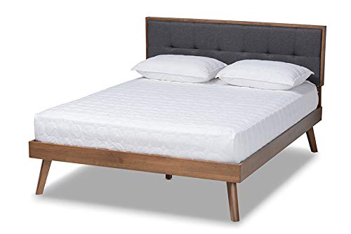 Baxton Studio Alke Mid-Century Modern Dark Grey Fabric Upholstered Walnut Brown Finished Wood Queen Size Platform Bed